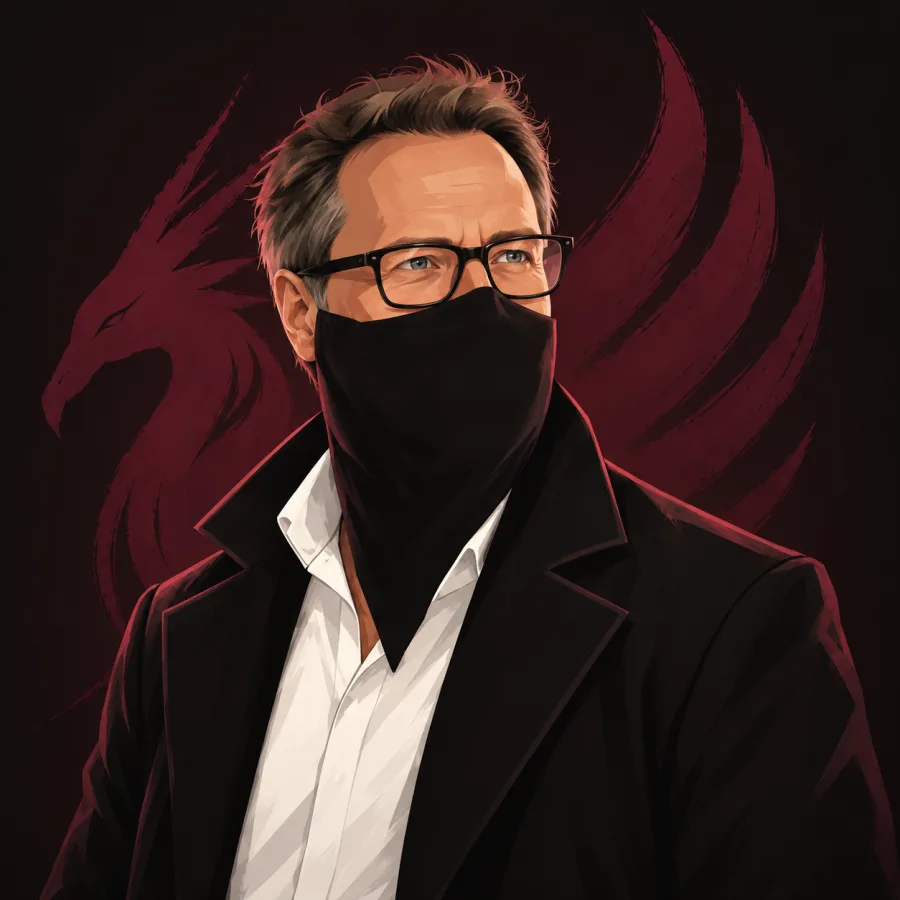 Illustrated portrait of Pete John in a black coat and mask, a crimson phoenix behind him